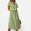 Midi Dress Drawstring Waist Short Sleeve Polka Dot Collared