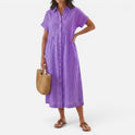 Striped Midi Shirt Dress Button Front Short Sleeve