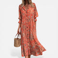 Midi Dress Button Front Printed Long Sleeve