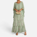 Layered Round Neck Sheer Sleeve Maxi Dress