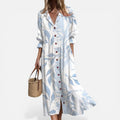 Midi Dress Button Front Printed Long Sleeve