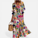 Midi Dress Button Front Printed Long Sleeve