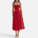 Midi Dress Ruched Bodice Sleeveless Square Neck