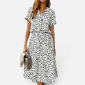 Midi Dress Drawstring Waist Short Sleeve Polka Dot Collared