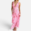 Printed Tiered V Neck Sleeveless Maxi Dress