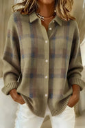 Women's Plaid Button-Down Knit Sweater with Collar