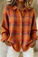 Women's Plaid Button-Down Knit Sweater with Collar