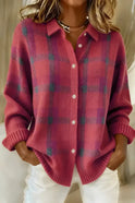 Women's Plaid Button-Down Knit Sweater with Collar