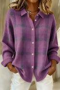 Women's Plaid Button-Down Knit Sweater with Collar