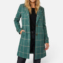 Women Long Coat Button Front Plaid Lapel Long Sleeve